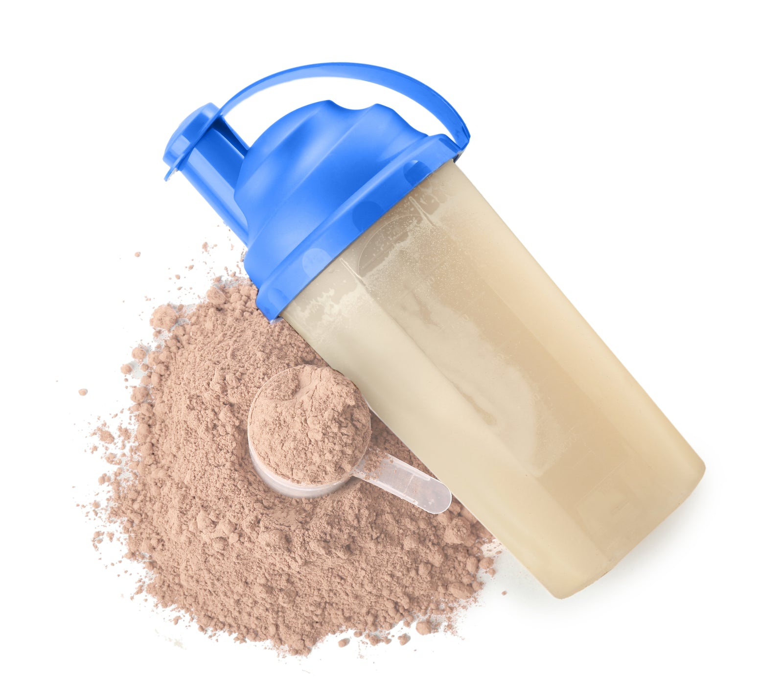 Protein tozu ve shaker, beyaz zemin üzerinde