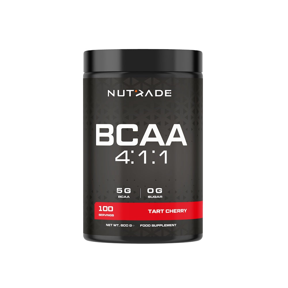 Nutrade BCAA 4:1:1 tozu kutusu, servis başına 5 gr BCAA, Tart Cherry aroma