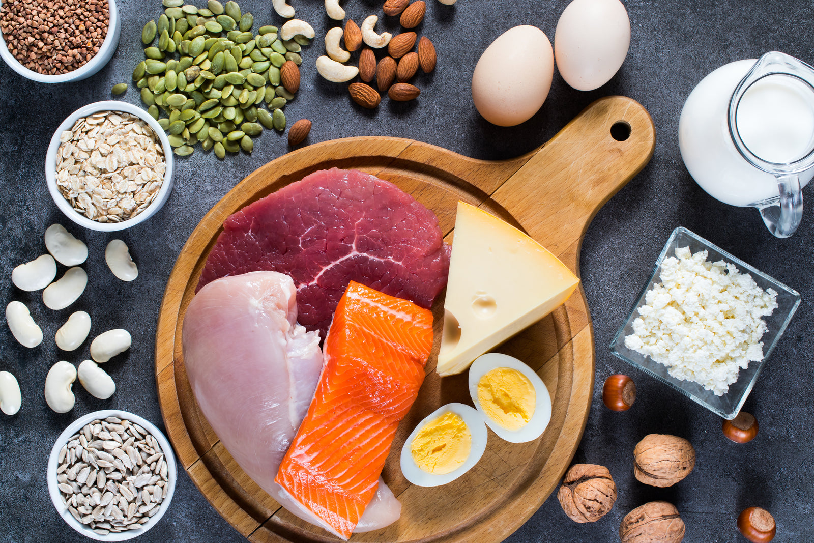 Protein kaynağı besinler: et, balık, süt ürünleri, yumurta, yulaf, kuruyemiş ve baklagiller