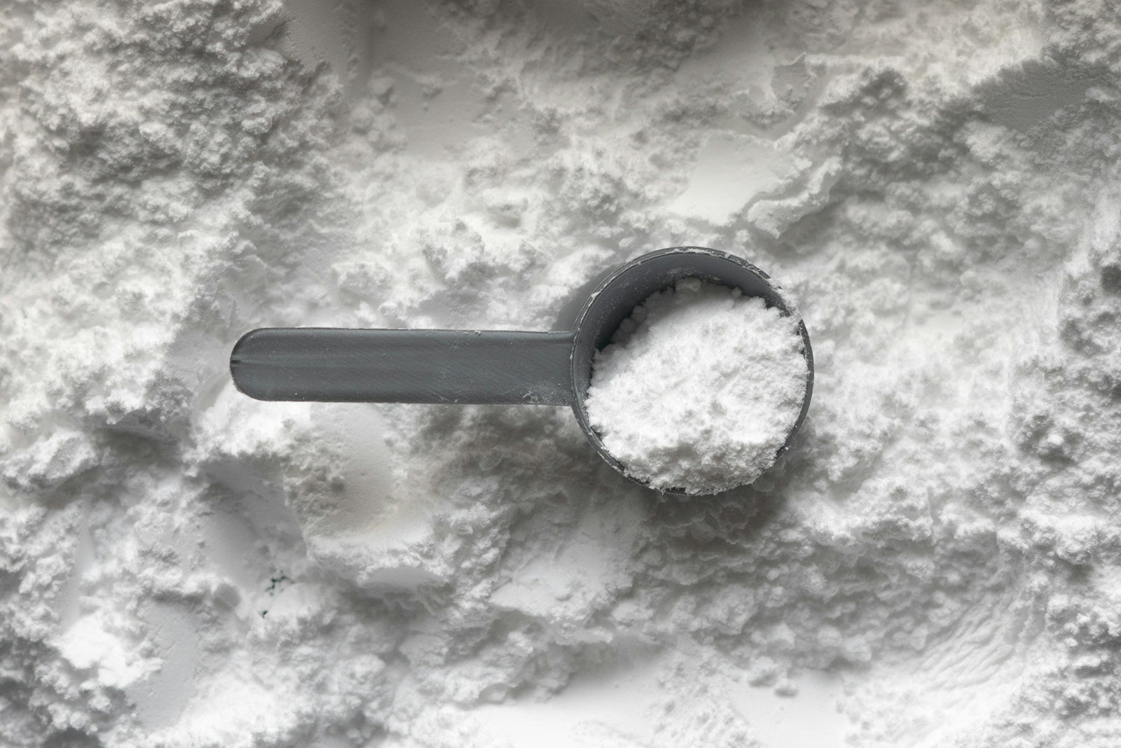 Beyaz protein tozunun içinde duran ölçek kaşığı, üstten çekim
