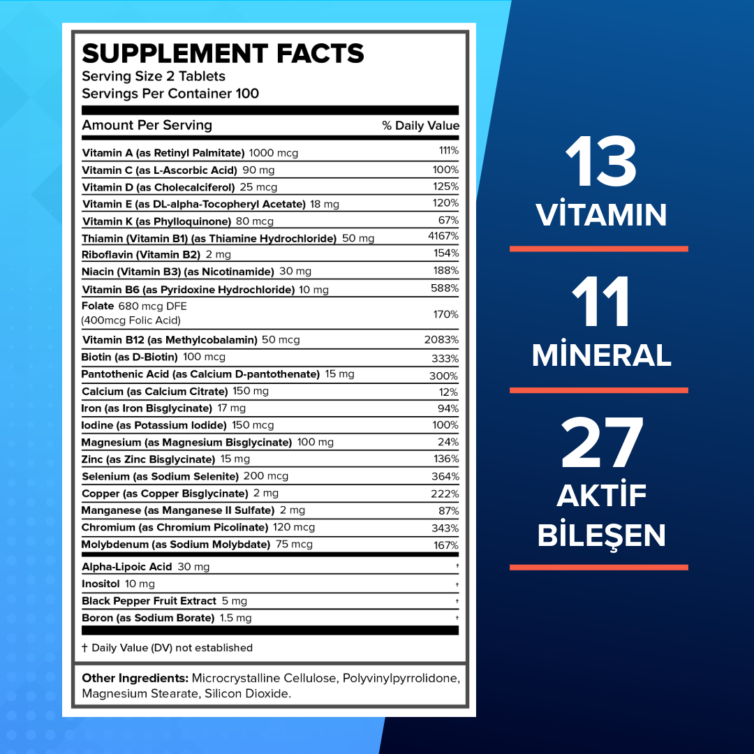 Nutrade Daily Multivitamin besin değerleri tablosu. 2 tabletlik porsiyon, 100 servis, 13 vitamin, 11 mineral, 27 aktif bileşen