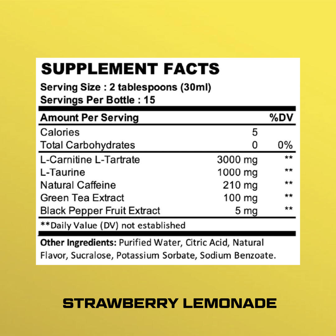 Nutrade L-Carnitine XTREME 3000 besin değerleri tablosu. 30 ml'lik porsiyon, şişede 15 servis, 3000 mg L-karnitin L-tartarat, 1000 mg taurin, 210 mg doğal kafein, 100 mg yeşil çay ekstresi, Strawberry Lemonade