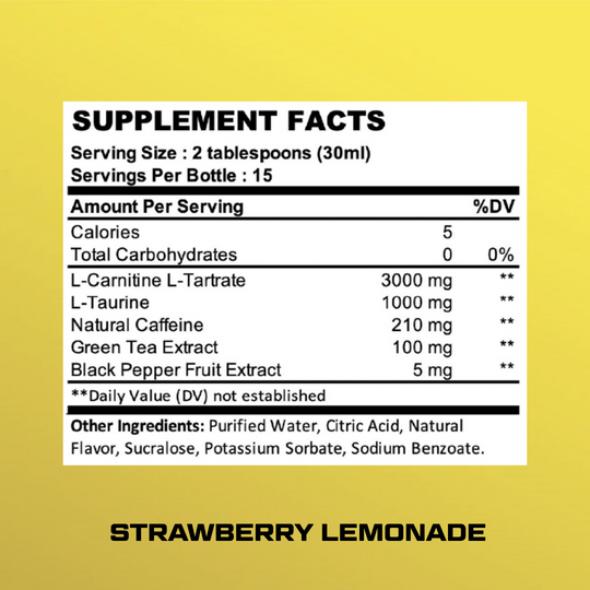 Nutrade L-Carnitine XTREME 3000 besin değerleri tablosu. 30 ml'lik porsiyon, şişede 15 servis, 3000 mg L-karnitin L-tartarat, 1000 mg taurin, 210 mg doğal kafein, 100 mg yeşil çay ekstresi, Strawberry Lemonade