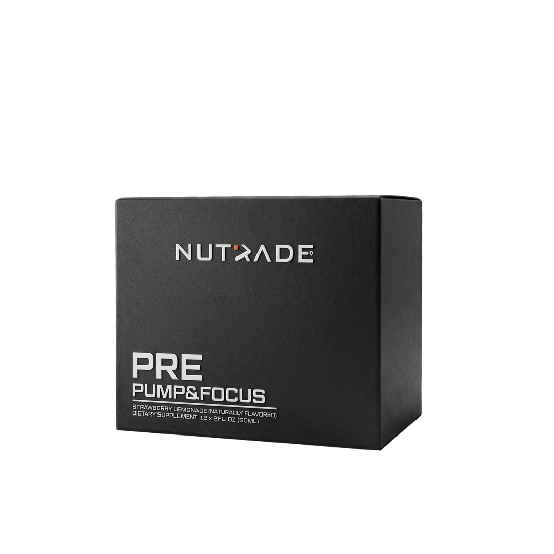 Nutrade Pre Pump & Focus kutusu. Strawberry Lemonade aromalı, 12 x 60 ml shot