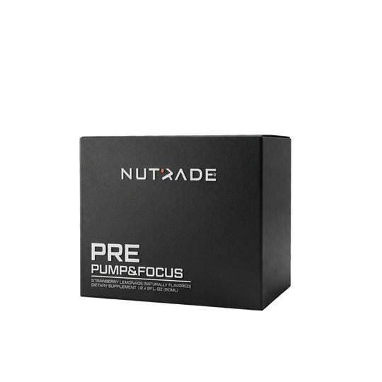 Nutrade Pre Pump & Focus kutusu. Strawberry Lemonade aromalı, 12 x 60 ml shot
