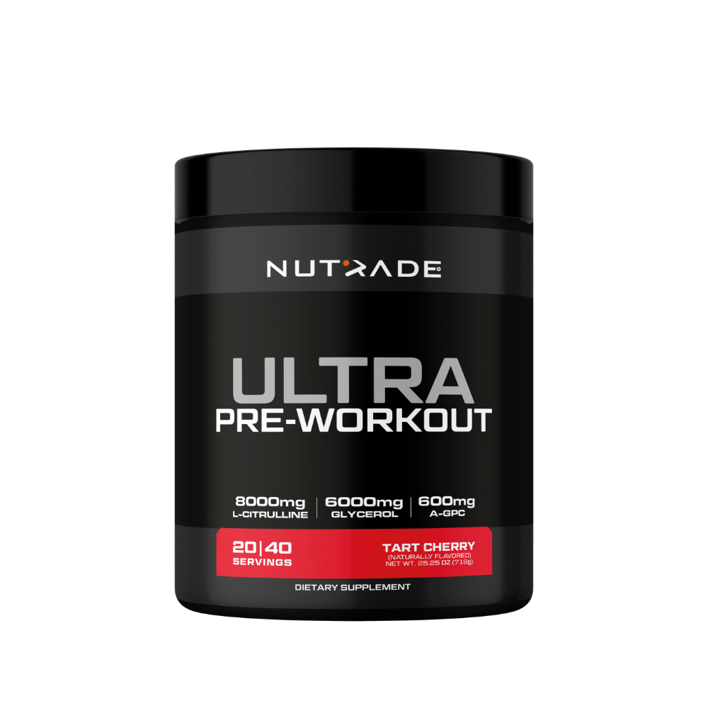 Nutrade Pre-Workout Ultra 716 gr Tart Cherry kutusu. 8000 mg L-sitrulin, 6000 mg gliserol, 600 mg A-GPC, 20-40 servis