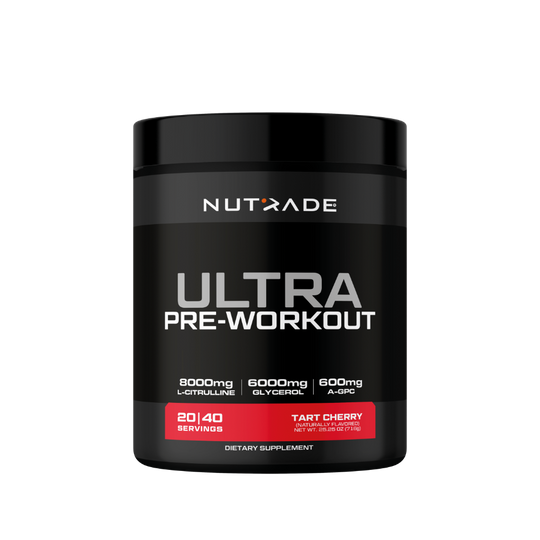 Nutrade Pre-Workout Ultra 716 gr Tart Cherry kutusu. 8000 mg L-sitrulin, 6000 mg gliserol, 600 mg A-GPC, 20-40 servis