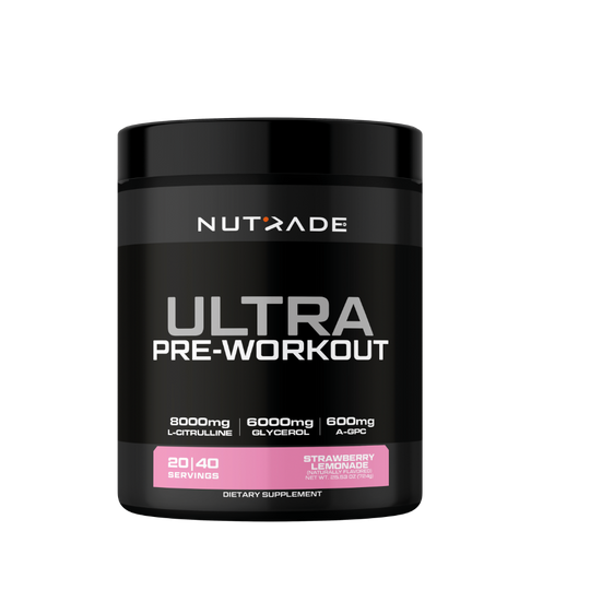Nutrade Pre-Workout Ultra 724 gr Strawberry Lemonade kutusu. 8000 mg L-sitrulin, 6000 mg gliserol, 600 mg A-GPC, 20-40 servis